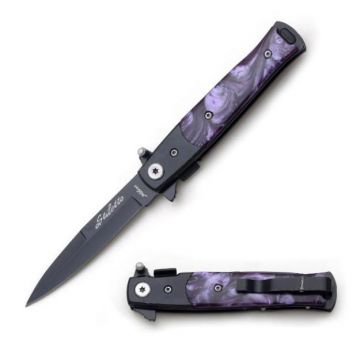 Snake Eye Tactical Stiletto Folding Knife- Purple Handle 4"